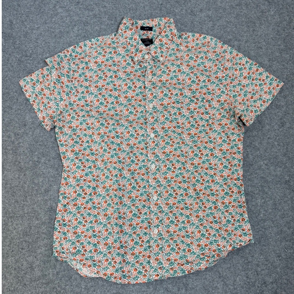 J.Crew Mens Slim Fit Short Sleeve Floral Button Down Shirt Orange Teal Large